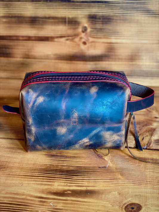 Kaiju Cut and Sew Rustic Horween Leather Dopp Kit with Black Dragon’s Japanese Fabric liner | Handmade in Austin, Texas