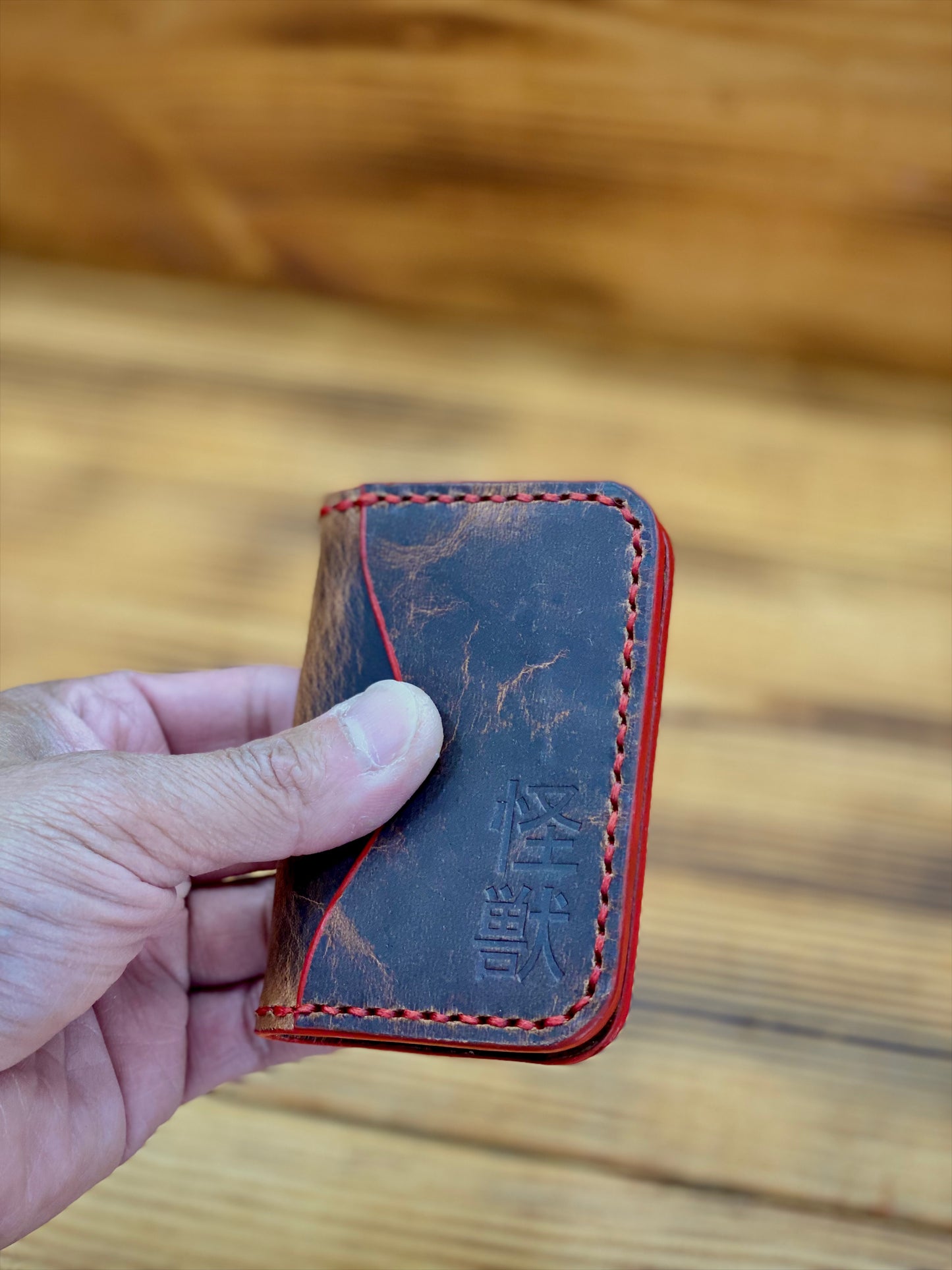 Kaiju Cut and Sew Black and Gold Kimono 3 Pocket Bifold Minimalist Wallet | Horween Leather | Handmade in Austin, TX