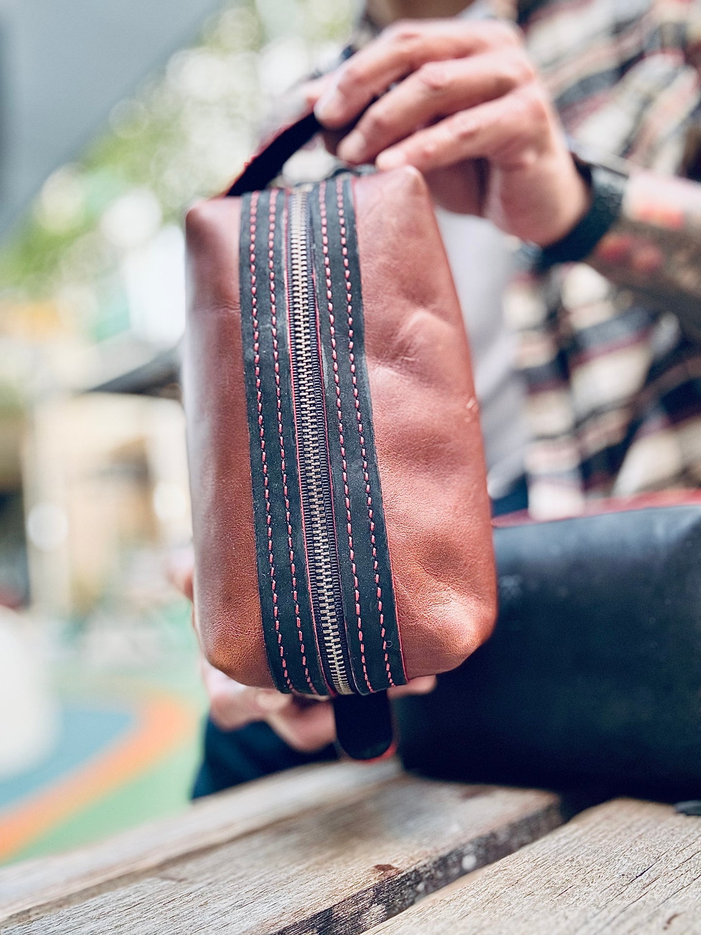 Kaiju Cut and Sew Brown Horween Leather Dopp Kit with Japanese Fabric liner | Handmade in Austin, Texas