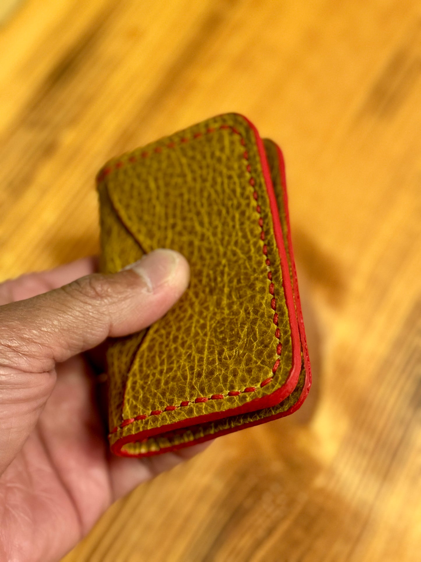Kaiju Cut and Sew Anime | 3 Pocket Bifold Minimalist Wallet | Golden Bison Leather | Handmade in Austin, TX