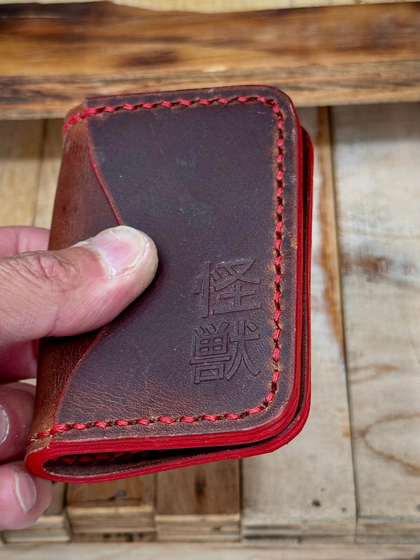 Kaiju Cut and Sew DS Anime  |3 Pocket Bifold Minimalist Wallet | Red Bison Leather | Handmade in Austin, TX