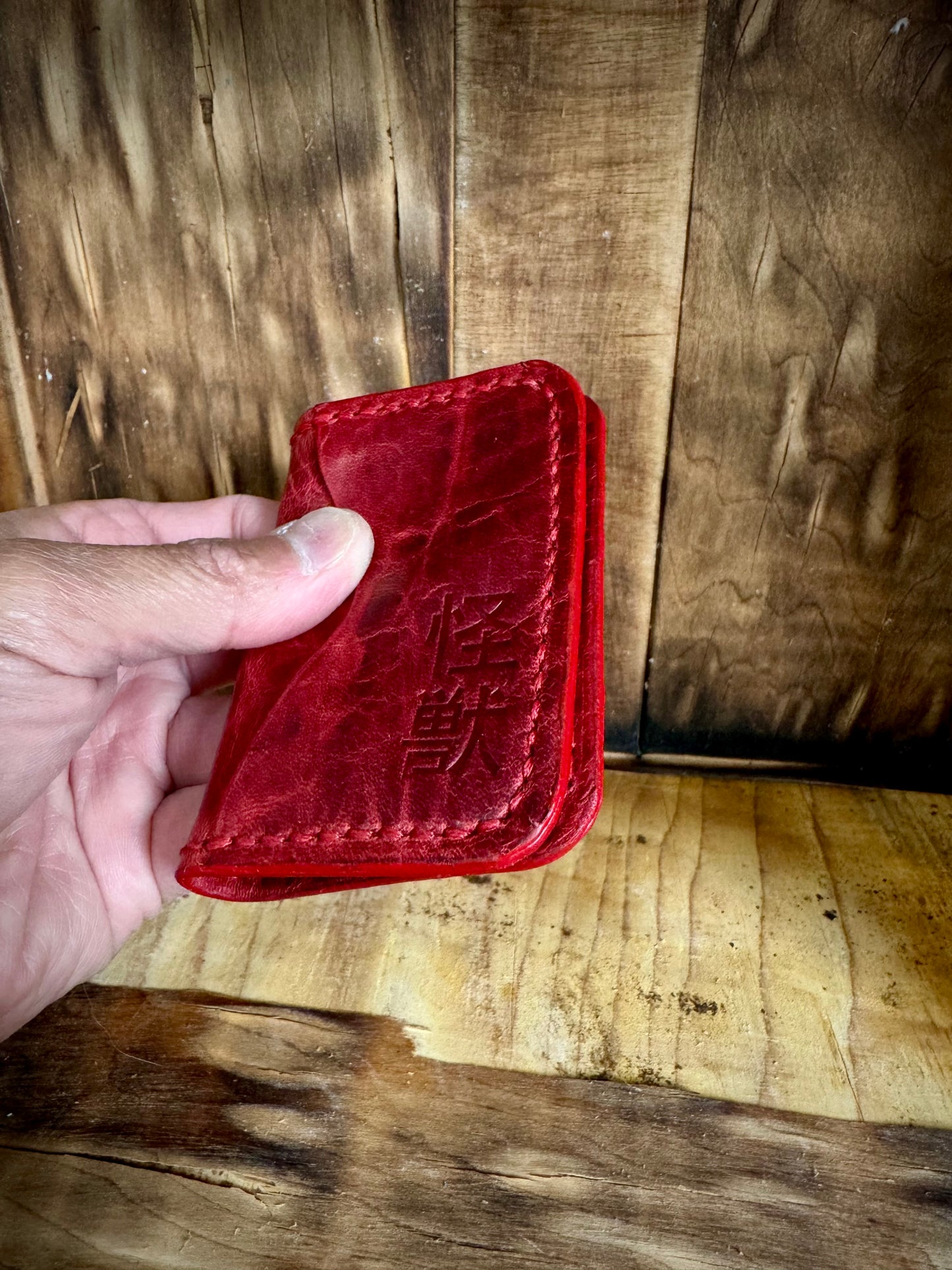 Kaiju Cut and Sew JJK 3 Pocket Bifold Minimalist Wallet | Red Horween Leather | Handmade in Austin, TX