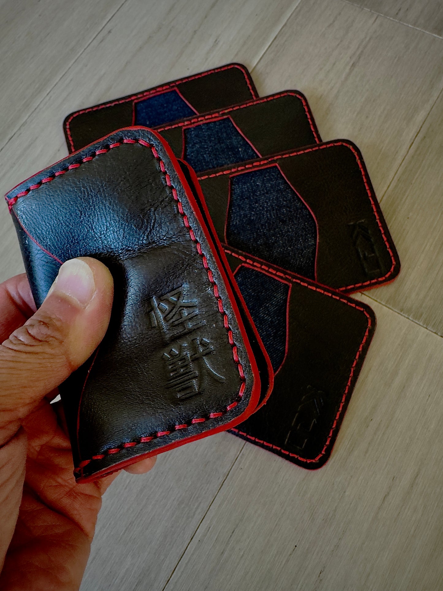 Kaiju Cut and Sew | 3 Pocket Bifold Minimalist Wallet | Chocolate Brown Bison Leather | Raw Japanese Denim Fabric |Handmade in Austin, TX