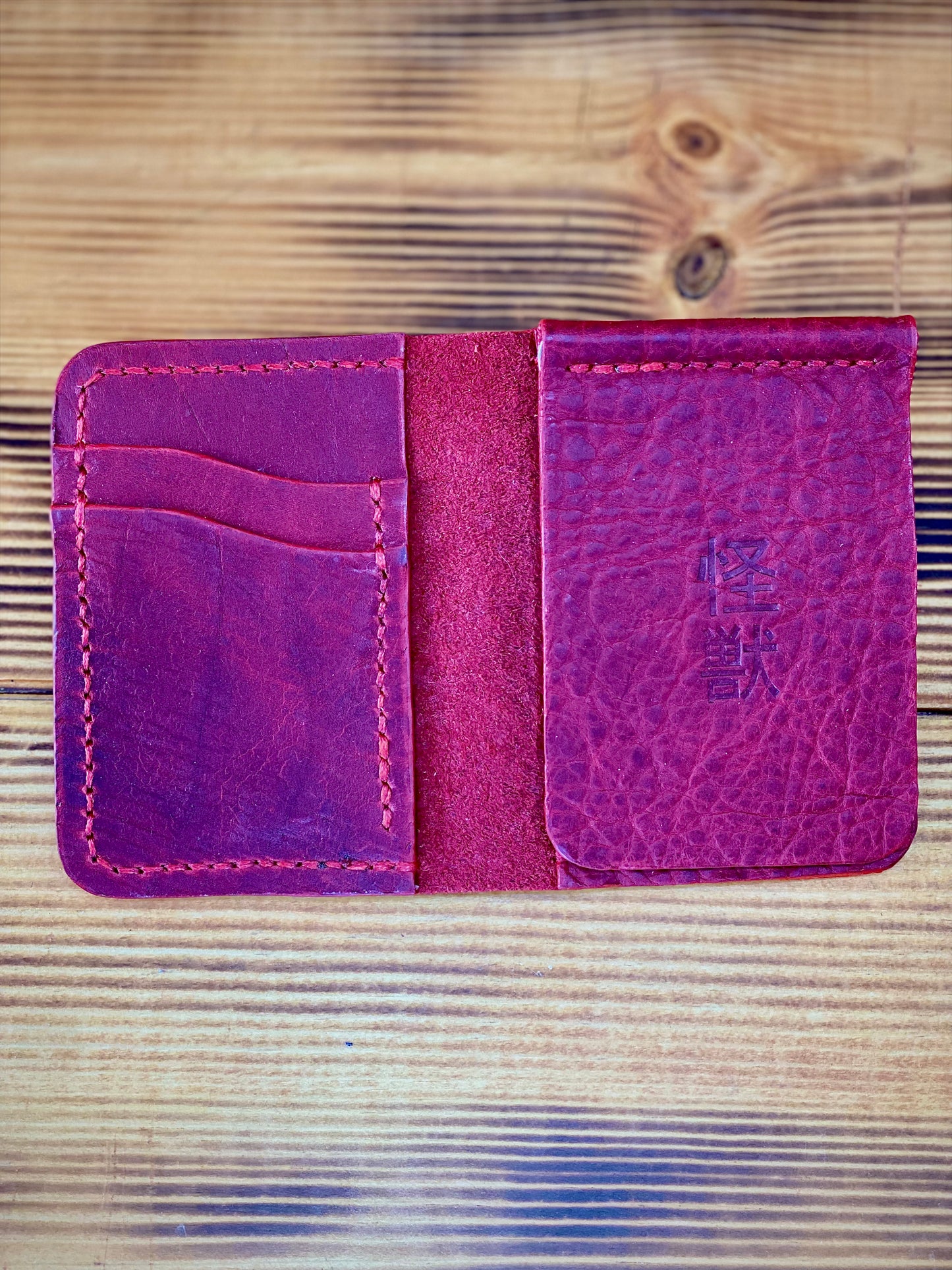 Kaiju Cut and Sew Red Bison Leather Bi-Fold Vertical Wallet with Money Clip | Handmade in Austin, TX