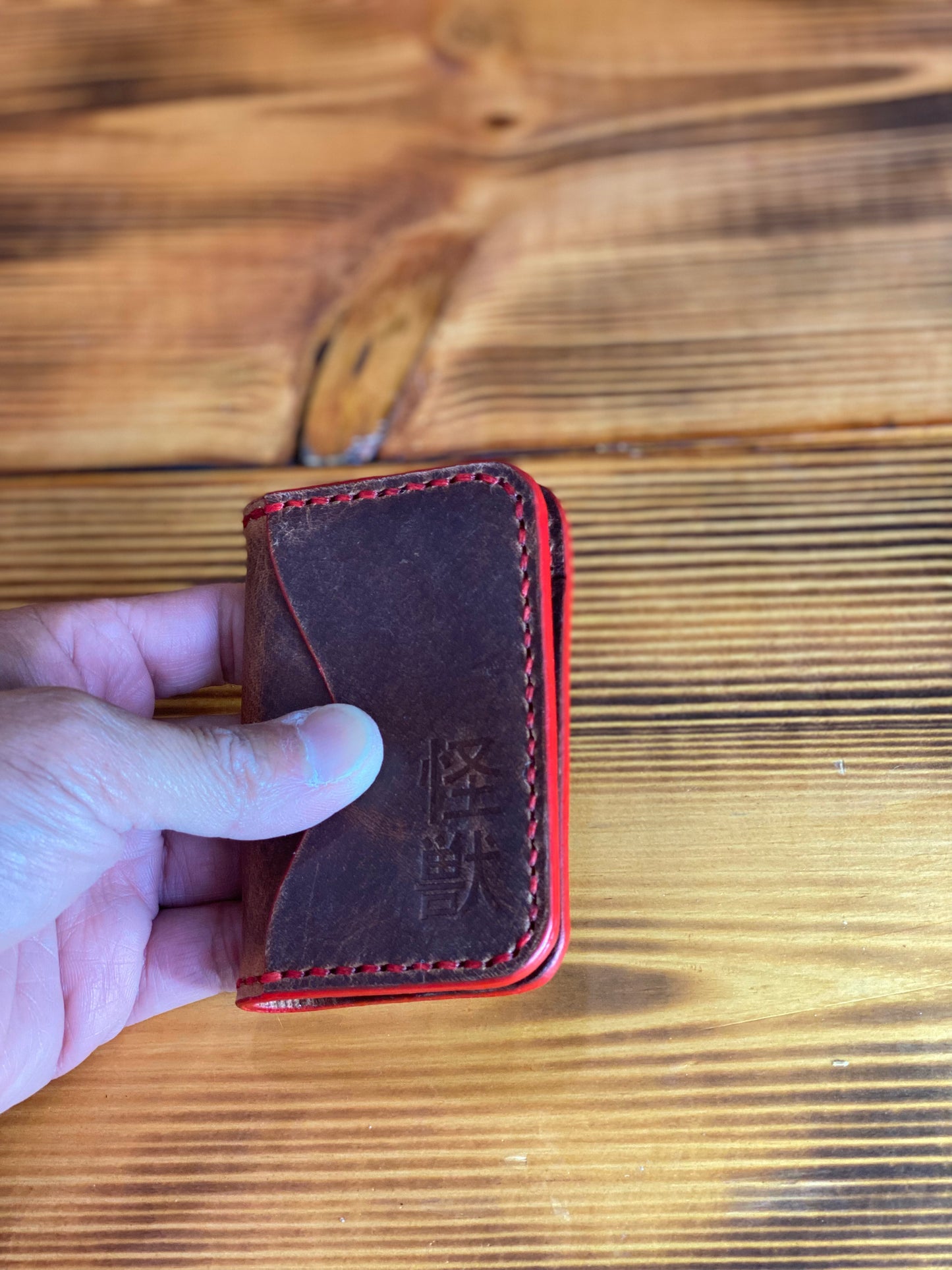 Kaiju Cut and Sew Eva 3 Pocket Bifold Minimalist Wallet | Red Bison Leather | Handmade in Austin, TX