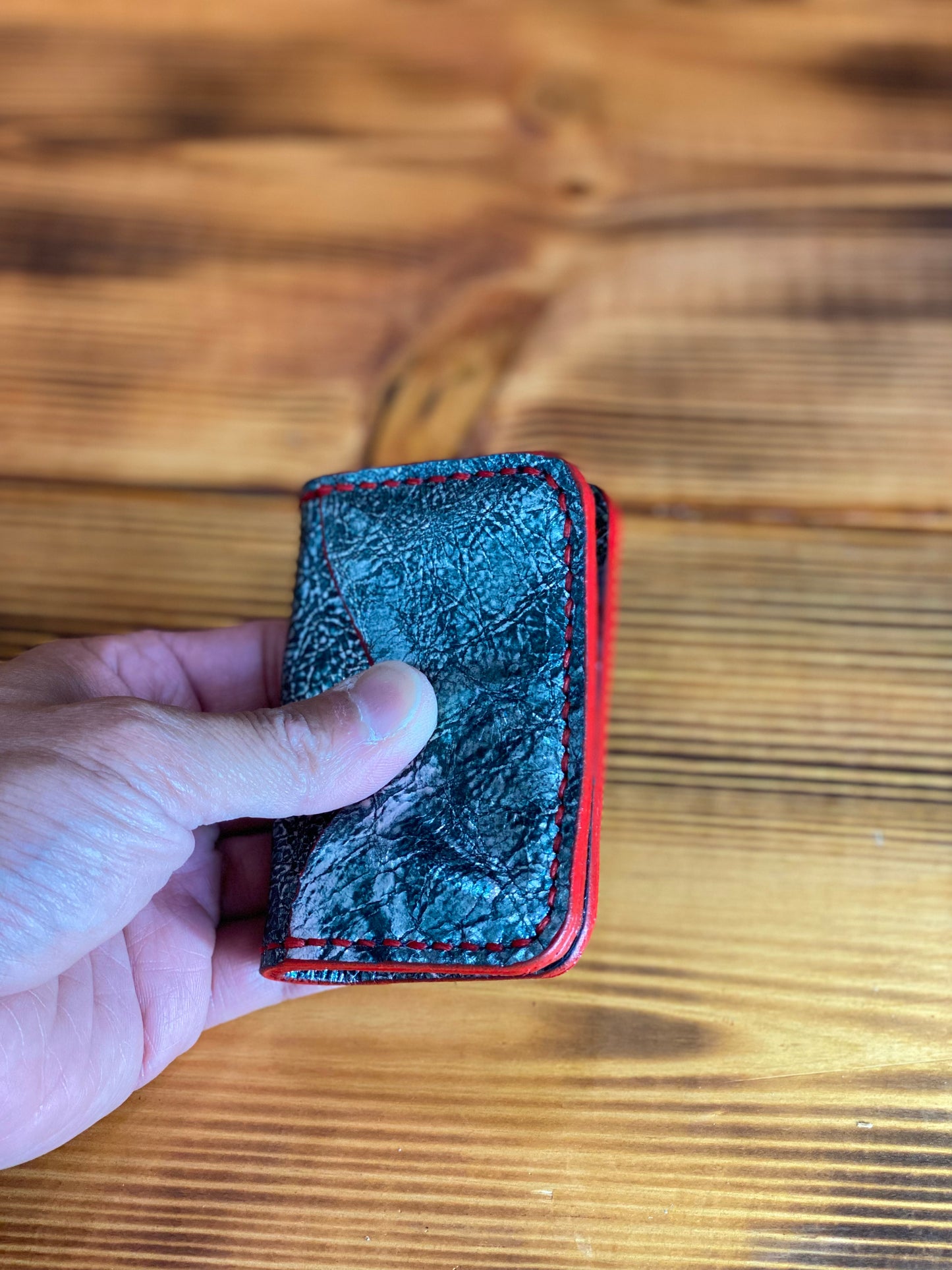 Kaiju Cut and Sew Gojira 3 Pocket Bifold Minimalist Wallet | Turquoise Metallic Horween Leather | Handmade in Austin, TX