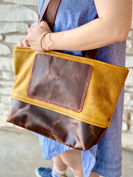 Kaiju Cut and Sew Large Leather Tote Bag | Japanese Kimono Fabric Interior | Handmade in Austin, Texas