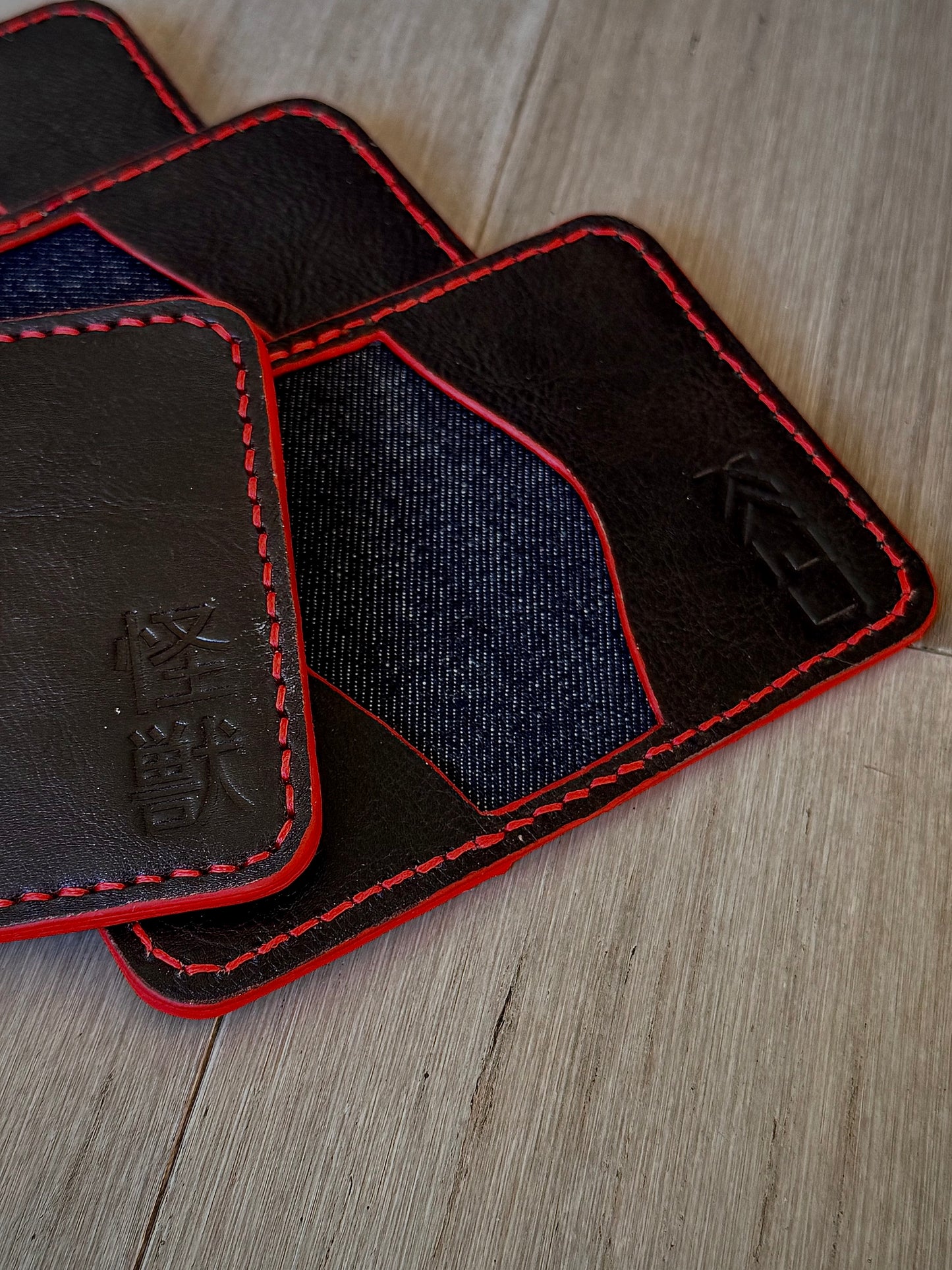 Kaiju Cut and Sew | 3 Pocket Bifold Minimalist Wallet | Chocolate Brown Bison Leather | Raw Japanese Denim Fabric |Handmade in Austin, TX
