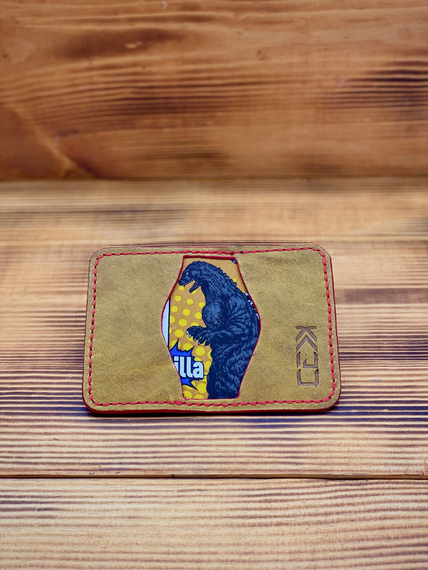 Kaiju Cut and Sew Gojira 3 Pocket Bifold Minimalist Wallet | Yellow Bison Leather | Handmade in Austin, TX