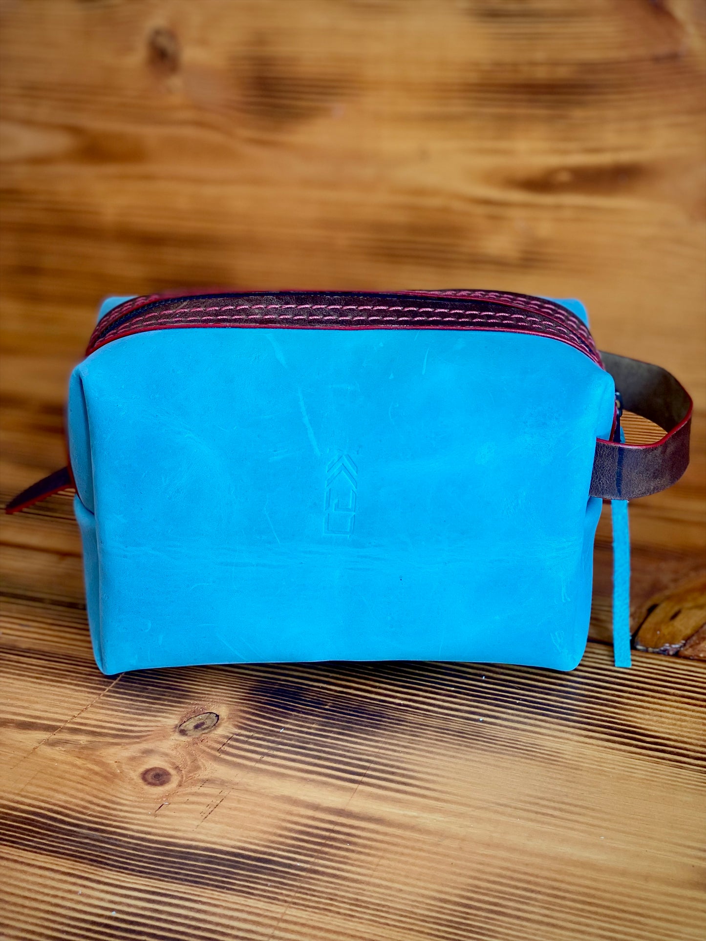 Kaiju Cut and Sew Baby Blue Horween Leather Dopp Kit with Japanese Fabric liner | Handmade in Austin, Texas
