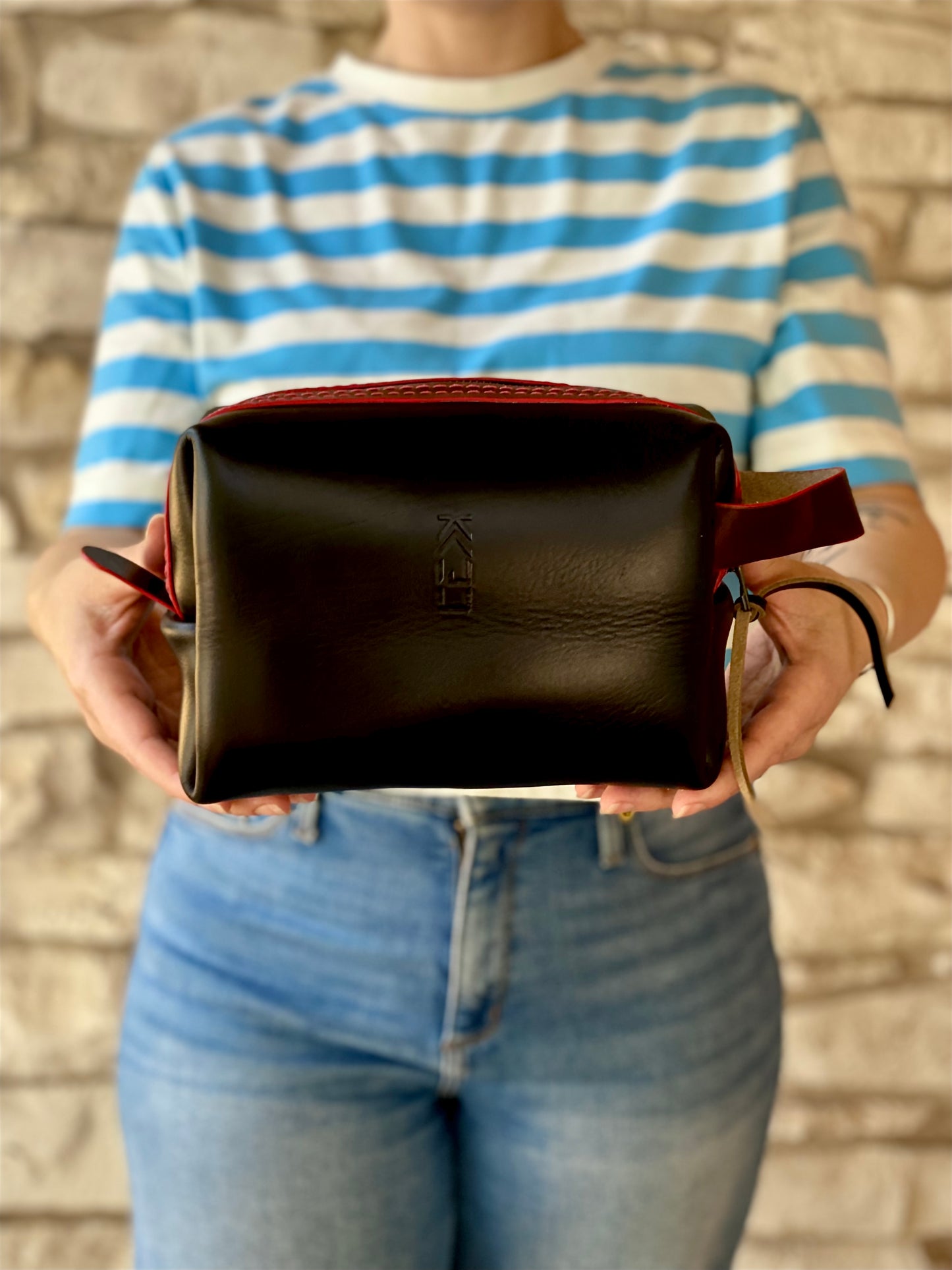 Kaiju Cut and Sew Black Horween Leather Dopp Kit with Japanese Fabric liner | Handmade in Austin, Texas