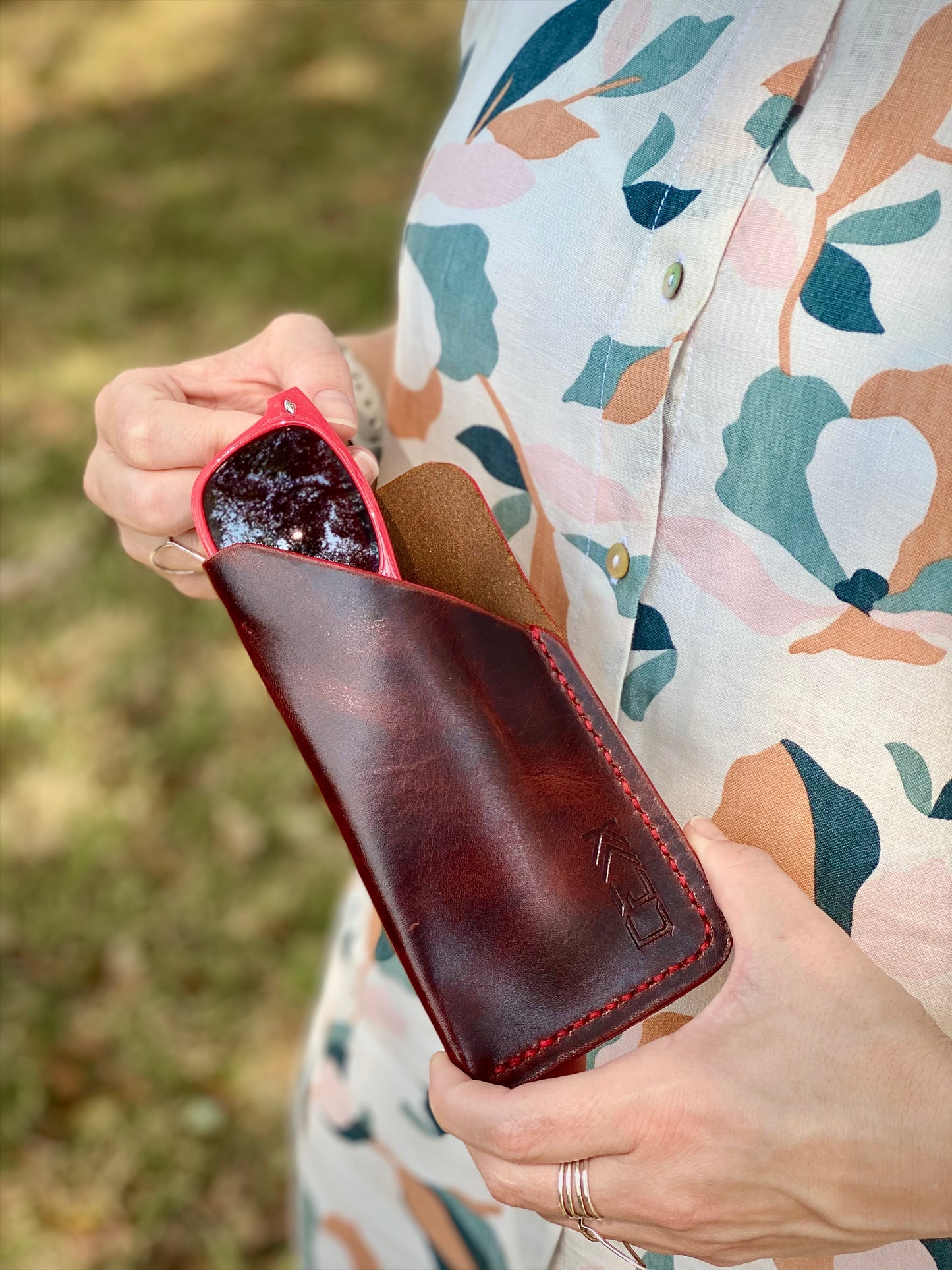 Kaiju Cut and Sew Brown / Red Horween Premium Leather Sunglasses /Glasses Case | Handmade in Austin, Texas