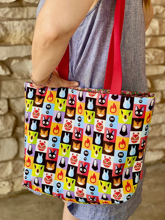 Kaiju Cut and Sew Miyazaki Large Cloth Tote Bag with Interior Snap Pocket | Handmade in Austin Texas