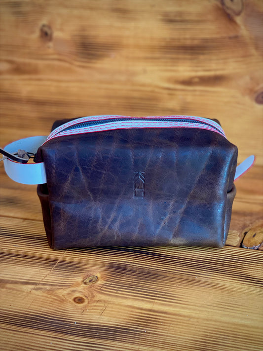 Kaiju Cut and Sew Brown Horween Leather Dopp Kit with Japanese Fabric liner | Handmade in Austin, Texas