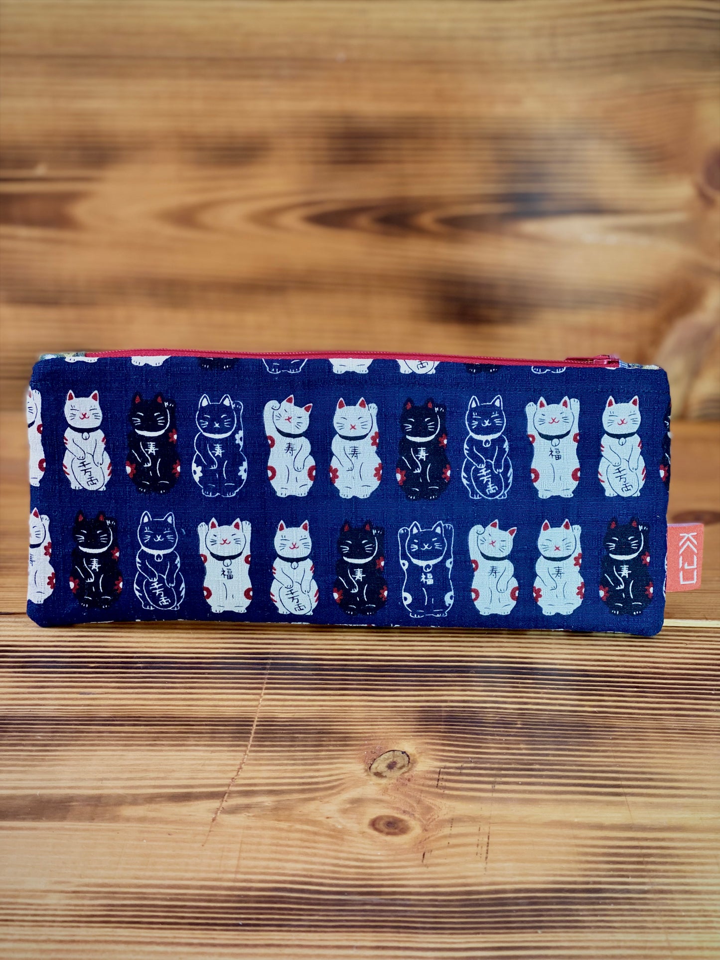 Kaiju Cut and Sew Blue Maneki Neko Pencil Pouch | Handmade in Austin, TX