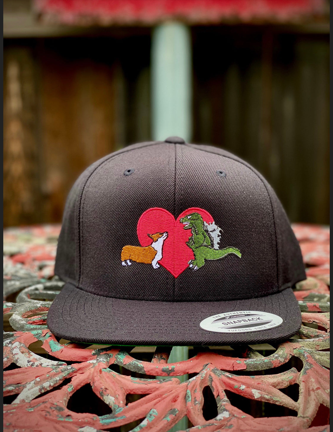 Kaiju Cut and Sew Kaiju Corgi Love Black Snapback Cap | Made in Austin, TX