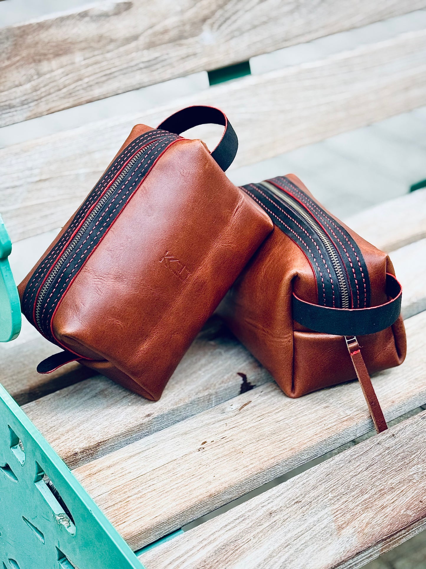 Kaiju Cut and Sew Brown Horween Leather Dopp Kit with Japanese Fabric liner | Handmade in Austin, Texas