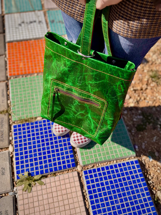 Kaiju Cut and Sew Backpack | Emerald Green Horween Leather & Japanese Fabric Interior | Handmade in Austin, Texas