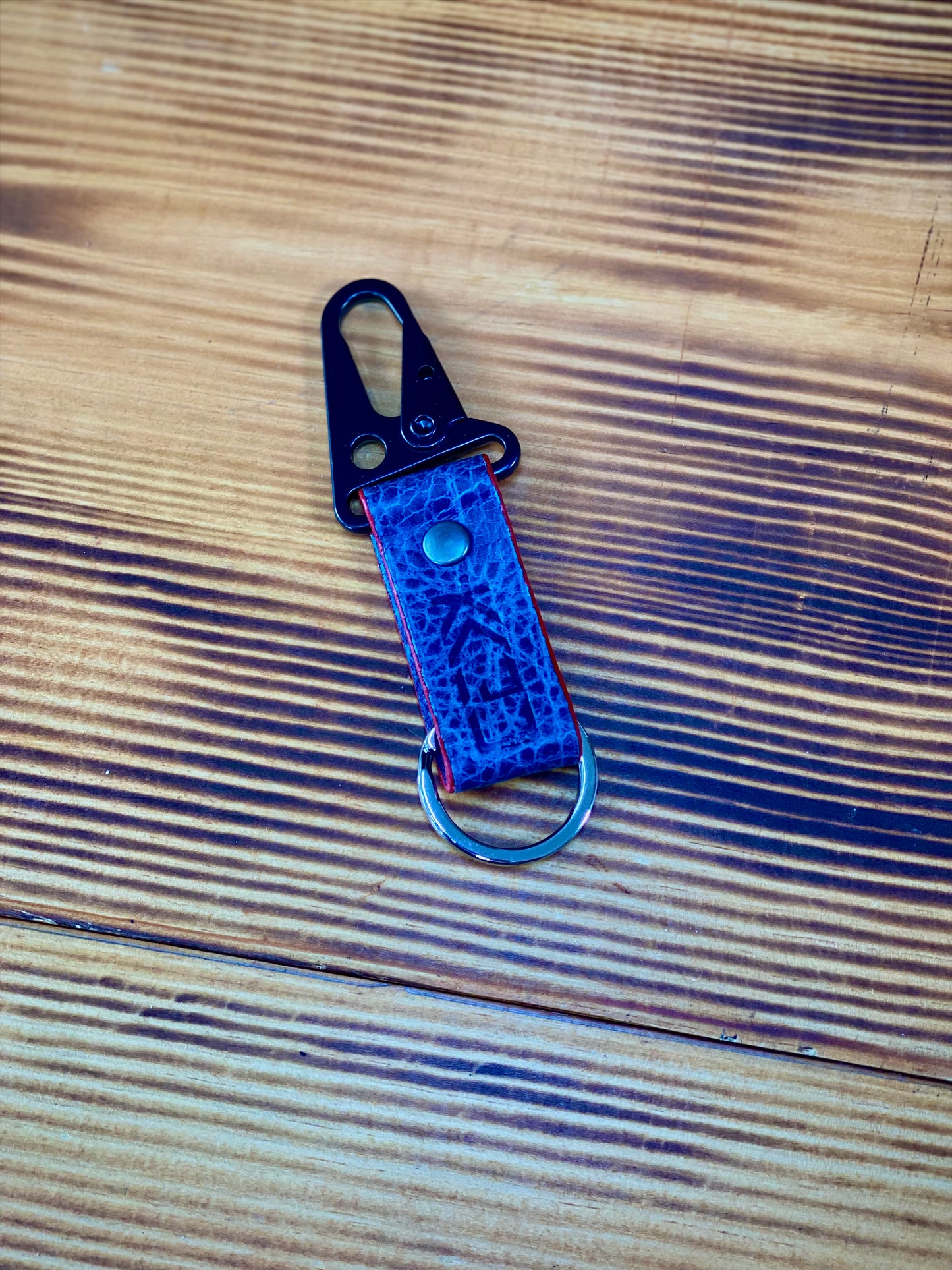 Kaiju Cut and Sew Blue Bison Leather Key Fob, Key Chain