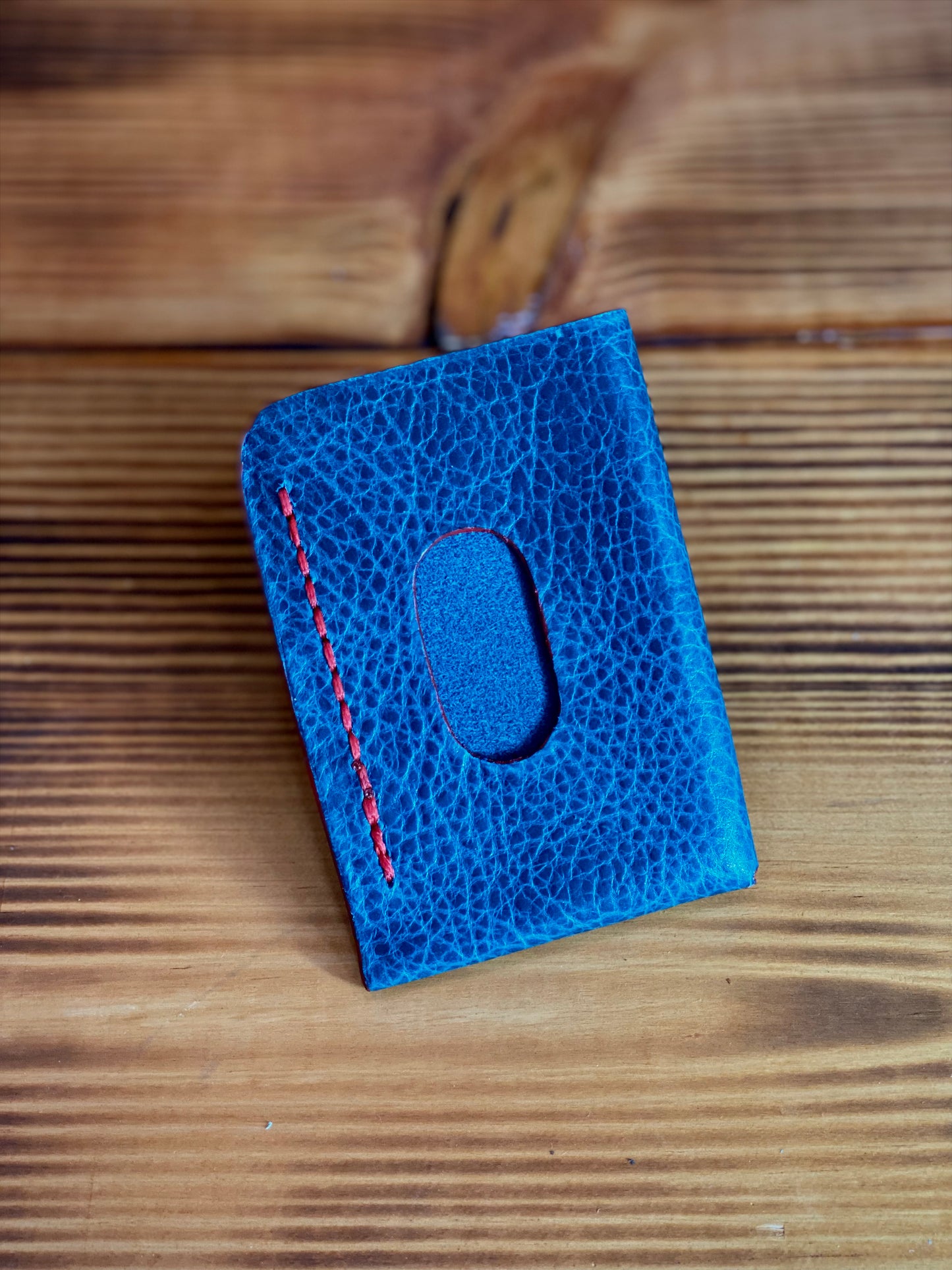 Kaiju Cut and Sew Minimalist 2 Pocket Card Holder Wallet | Blue Bison Leather | Handmade in Austin, Texas