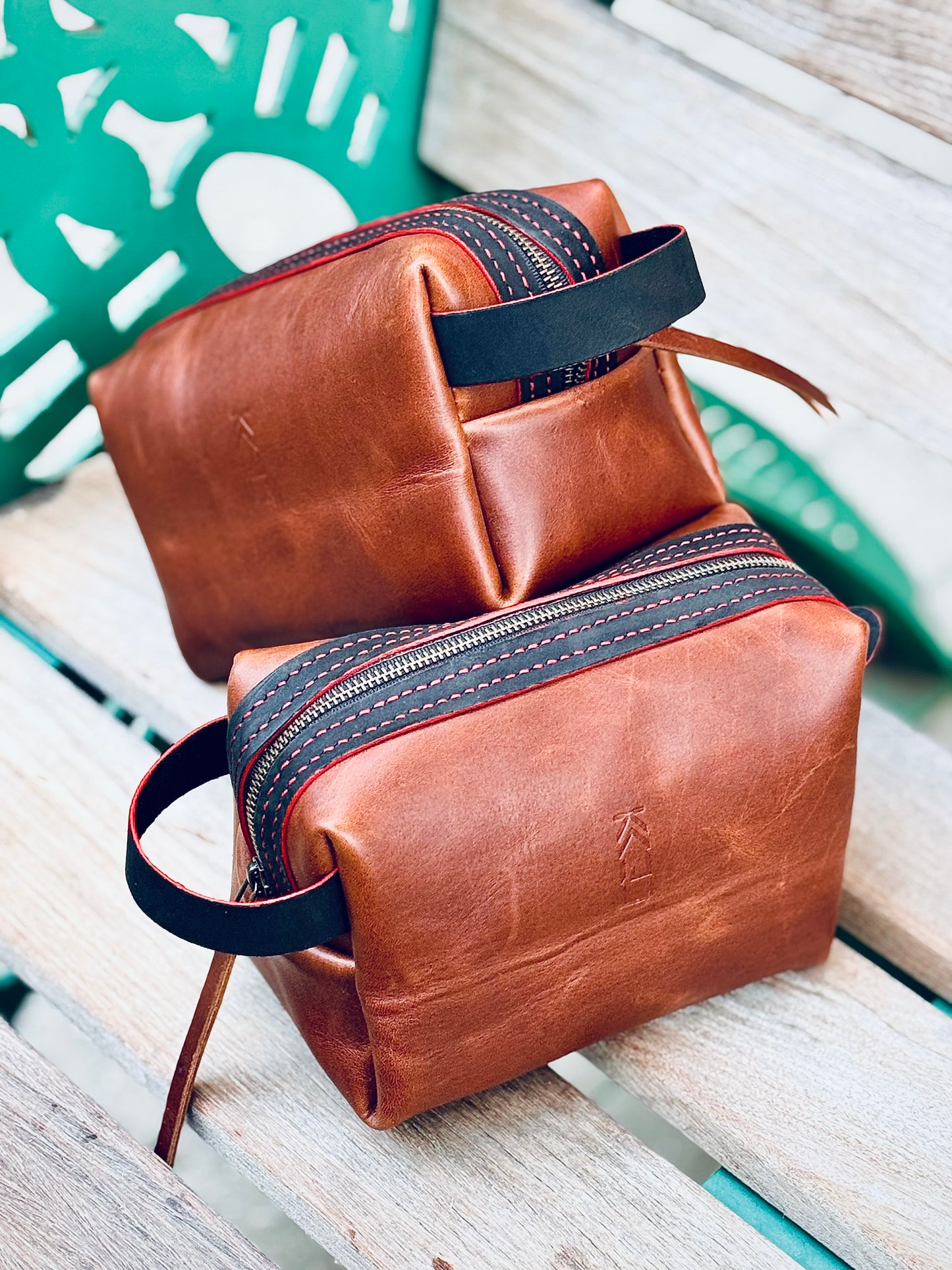 Kaiju Cut and Sew Brown Horween Leather Dopp Kit with Japanese Fabric liner | Handmade in Austin, Texas