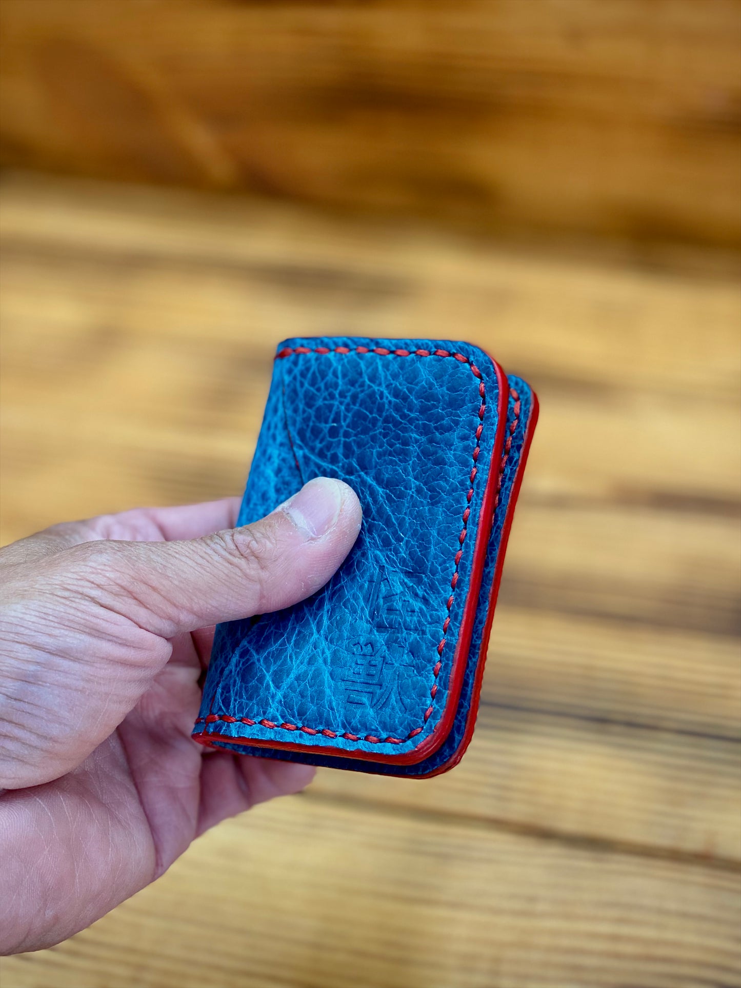 Kaiju Cut and Sew Waves 3 Pocket Bifold Minimalist Wallet | Blue Bison Leather | Handmade in Austin, TX