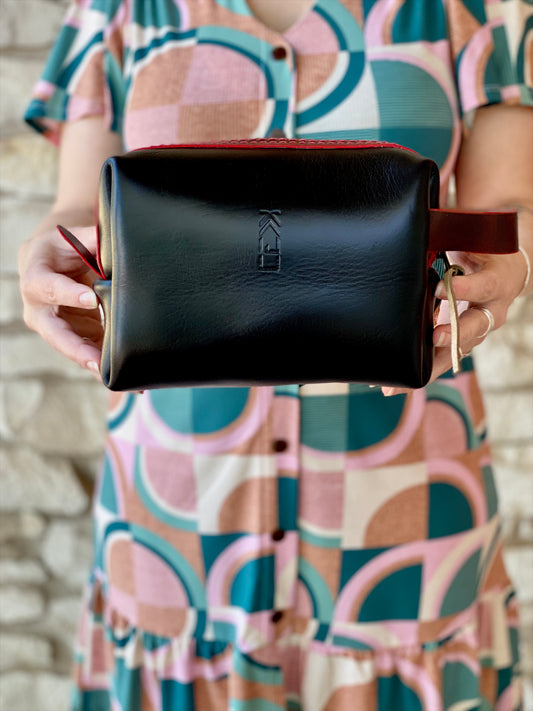 Kaiju Cut and Sew Black Horween Leather Dopp Kit with Japanese Fabric liner | Handmade in Austin, Texas