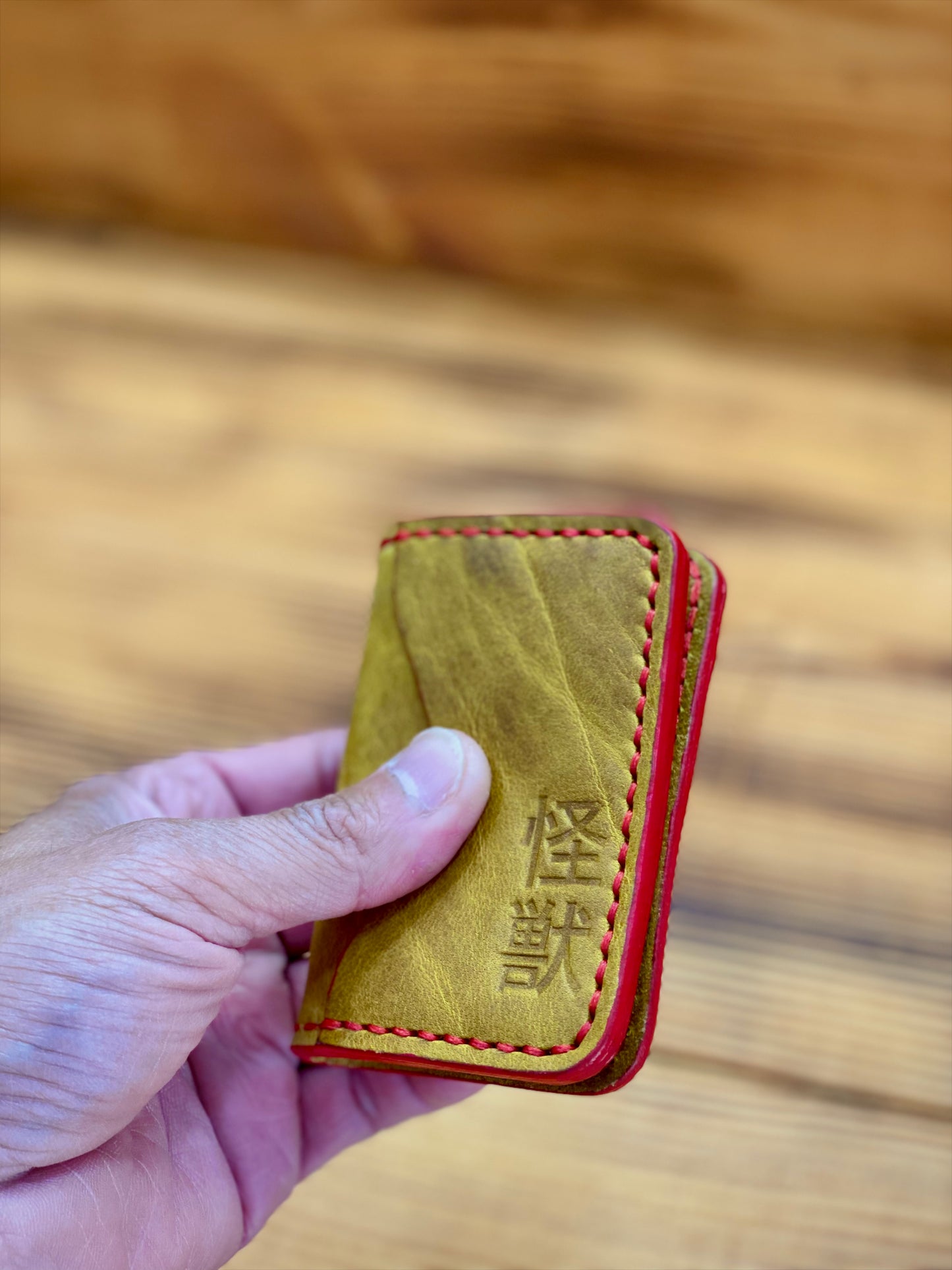 Kaiju Cut and Sew Gojira 3 Pocket Bifold Minimalist Wallet | Yellow Bison Leather | Handmade in Austin, TX