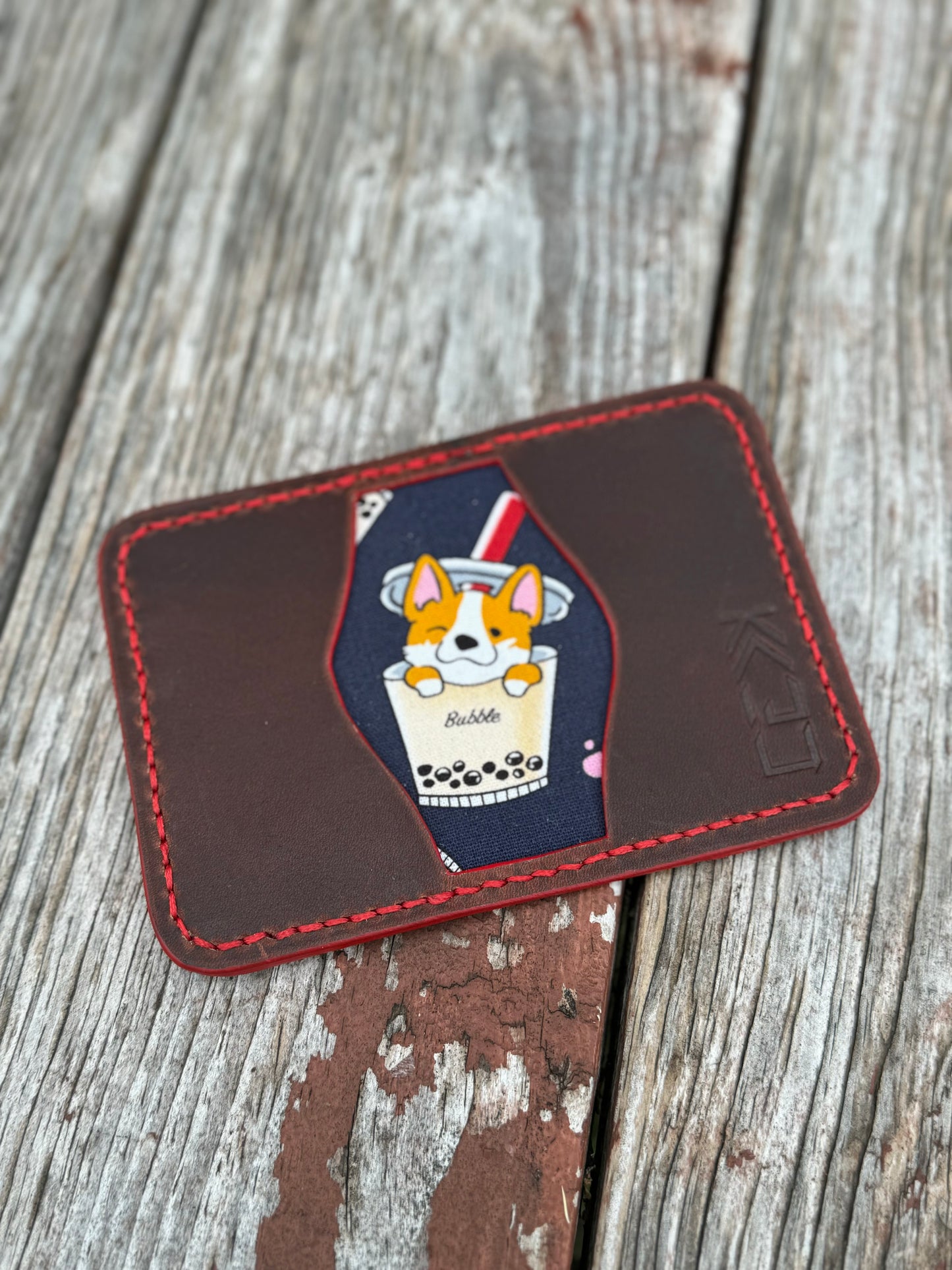 Kaiju Cut and Sew | Corgis & Boba |3 Pocket Bifold Minimalist Wallet | Brown Horween Leather | Handmade in Austin, TX