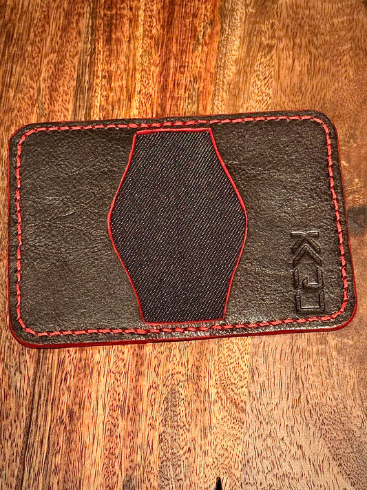 Kaiju Cut and Sew | 3 Pocket Bifold Minimalist Wallet | Chocolate Brown Bison Leather | Raw Japanese Denim Fabric |Handmade in Austin, TX