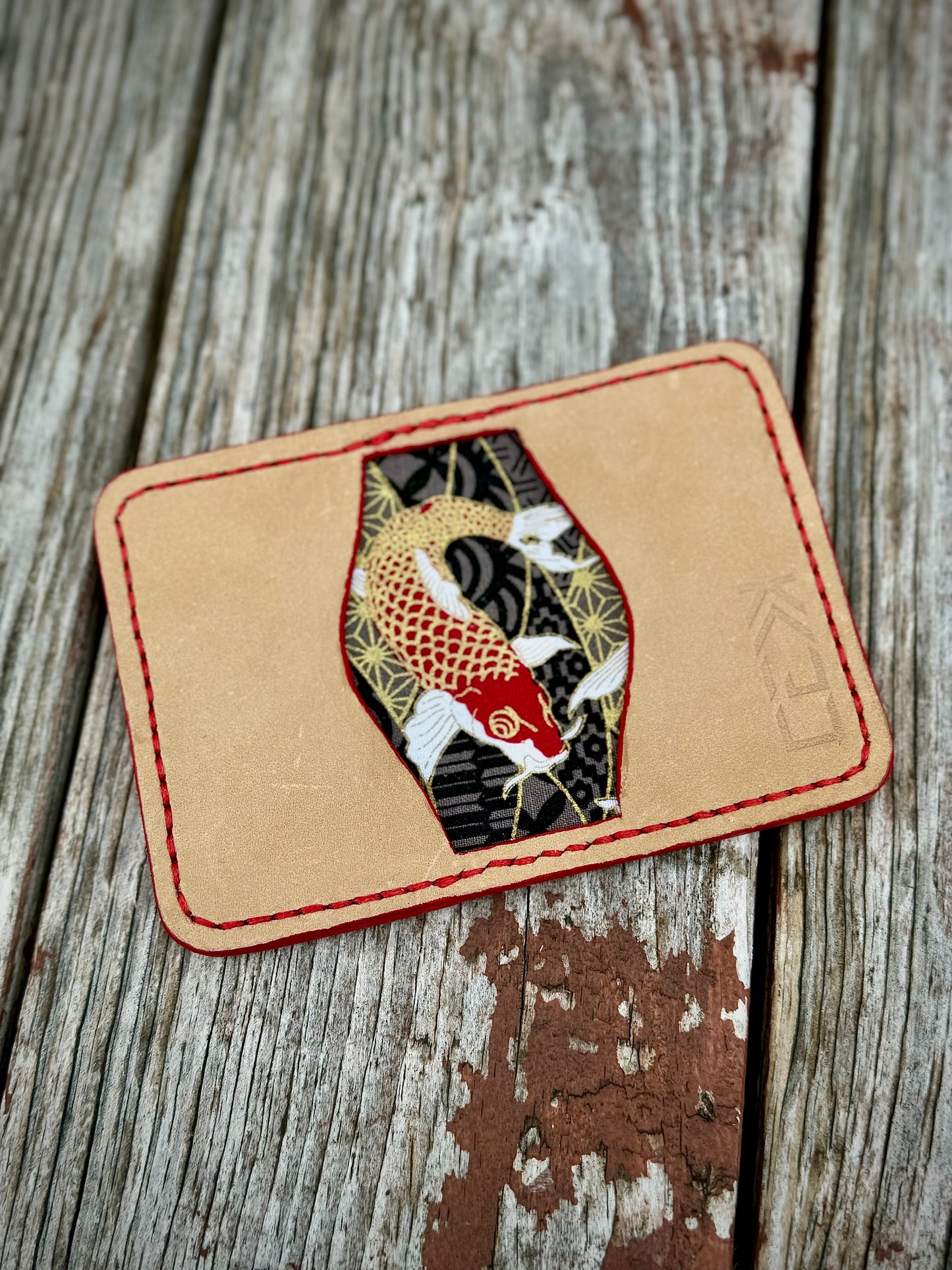 Kaiju Cut and Sew | Koi Fish |3 Pocket Bifold Minimalist Wallet | Tan Horween Leather | Handmade in Austin, TX