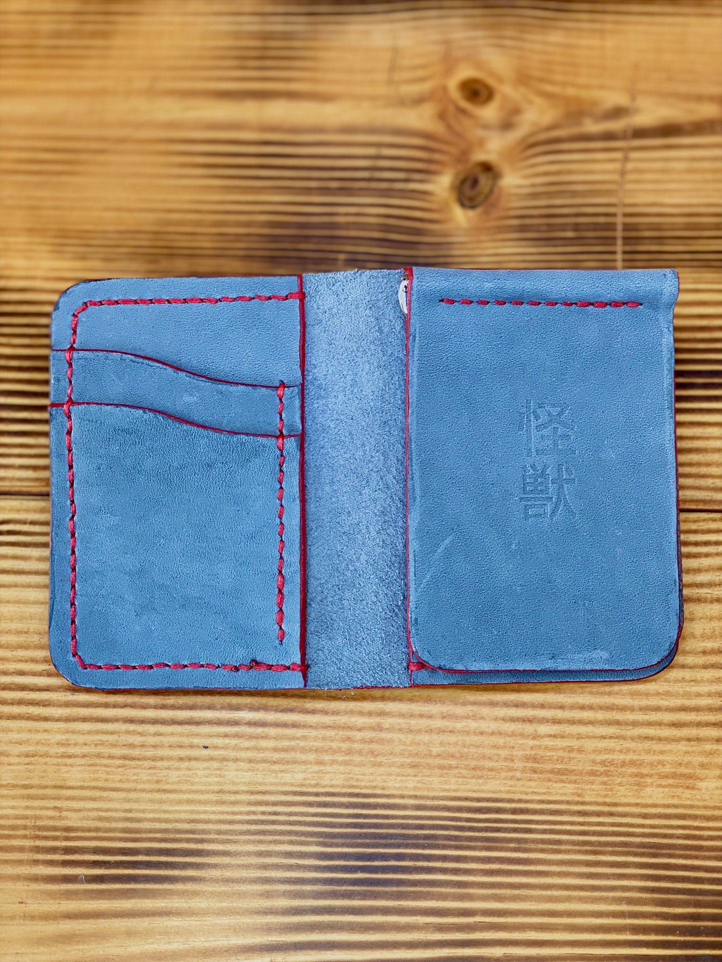 Kaiju Cut and Sew Gray Horween Leather Bi-Fold Vertical Wallet with Money Clip | Handmade in Austin, TX