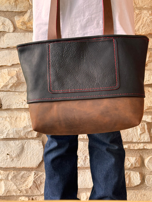 Kaiju Cut and Sew Large Leather Tote Bag | Japanese Fabric Interior | Handmade in Austin, Texas