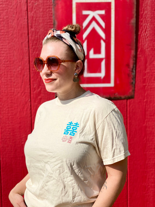 Kaiju Cut and Sew Screen Printed | Unisex |  Comfort Colors Ivory | Kaiju Cut and Sew + Holdout Brewing Collaboration | “Double Happiness” T-Shirt