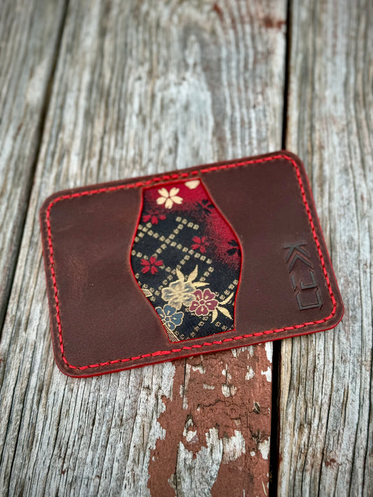 Kaiju Cut and Sew | Floral Kimono |3 Pocket Bifold Minimalist Wallet | Brown Horween Leather | Handmade in Austin, TX