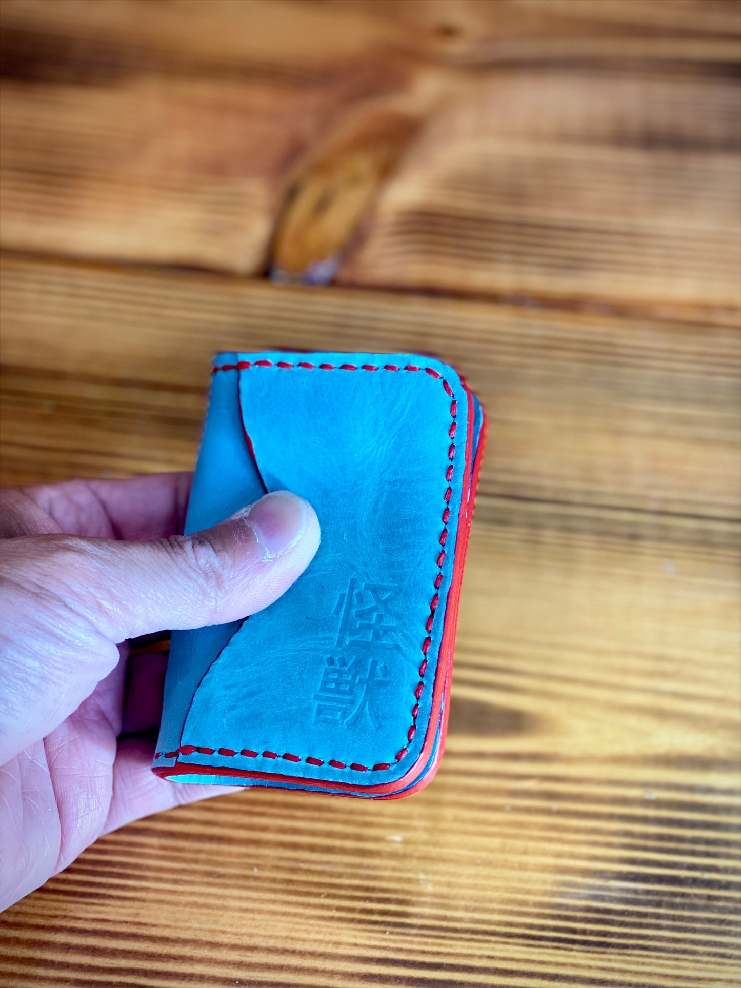 Kaiju Cut and Sew Mt. Fuji 3 Pocket Bifold Minimalist Wallet | Baby Blue Horween Leather