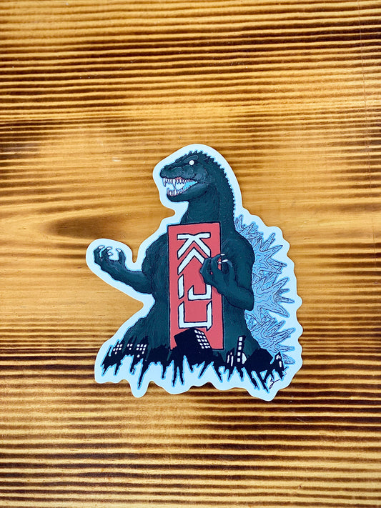 Kaiju Cut and Sew “Goji standing over city” Vinyl Sticker | Made in Austin, TX