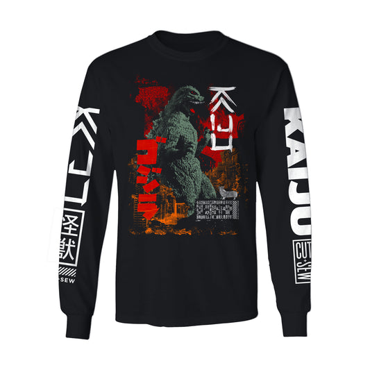 Kaiju Cut and Sew Screen Printed | Unisex | Black Long Sleeve Bella Canvas | Kaiju Cut and Sew “Gojira” Shirt